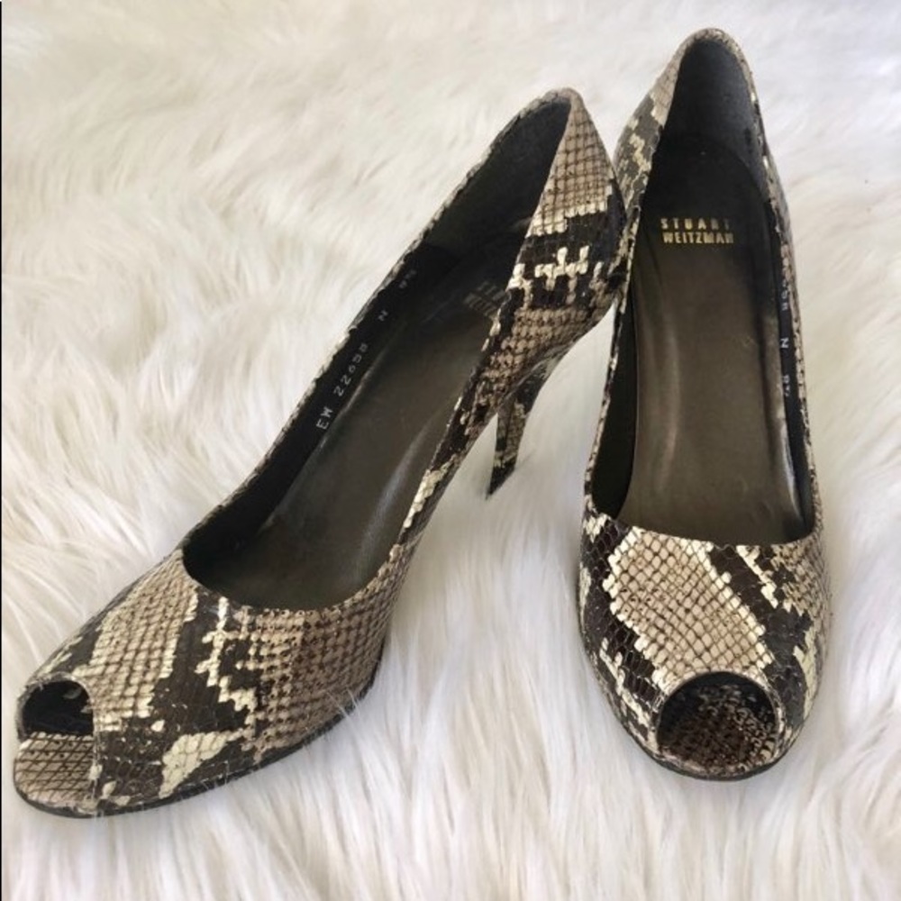 Stuart Weitzman Tan and Brown Heels with Peep-Toe Design